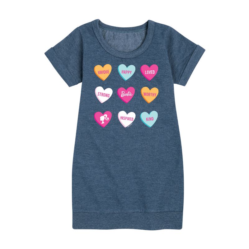 فستان باربي للفتيات من الصوف بأكمام قصيرة ورسومات قلوب الحلوى