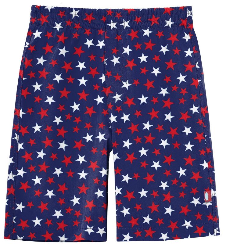 شورت سباحة مطبوع للأولاد من City Threads مصنوع في الولايات المتحدة الأمريكية، بعامل حماية من الأشعة فوق البنفسجية 50+، مصنوع من البوليستر المعاد تدويره، ناعم ومرن، يصل إلى أسفل الركبة