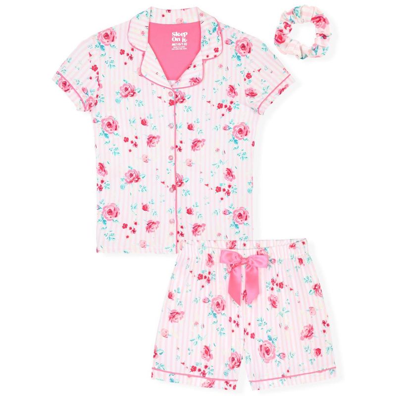 Sleep On It Girls 2-Piece Short-Sleeve Button Down Collared Coat Pajama Set with Matching Scrunchie - Toddler Pajamas to Girls Pajama Sets