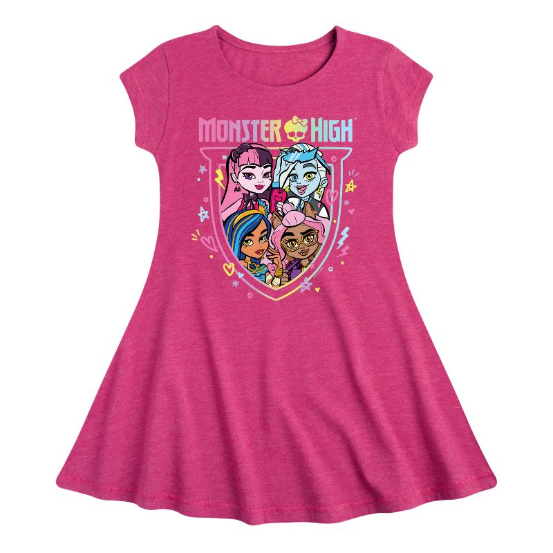 فستان بناتي من Monster High - فستان Clawdeen Cleo Draculaura Frankie Rainbow Logo Fit & Flair بأكمام قصيرة