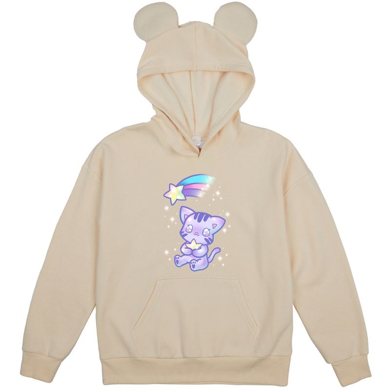 Kawaii Cat Shooting Star Youth Off-White Long Sleeve Hooded Sweatshirt With 3D Bear Ears