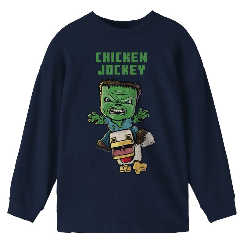 A Minecraft Movie Chicken Jockey Youth Navy Crew Neck Long Sleeve Tee