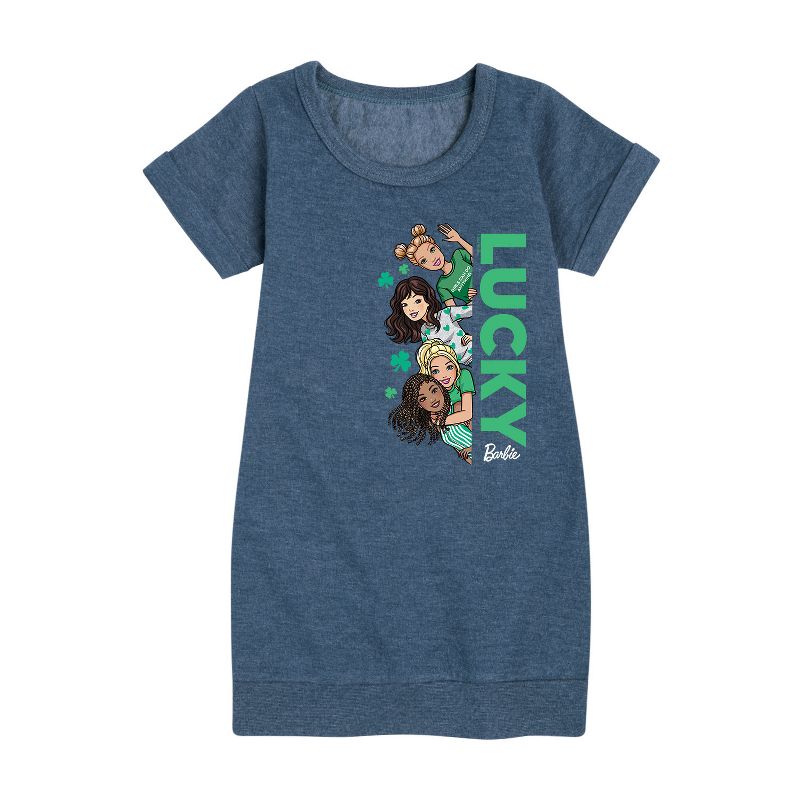 فستان باربي - مجموعة لاكي - فستان صوف بأكمام قصيرة مطبوع عليه رسومات للبنات