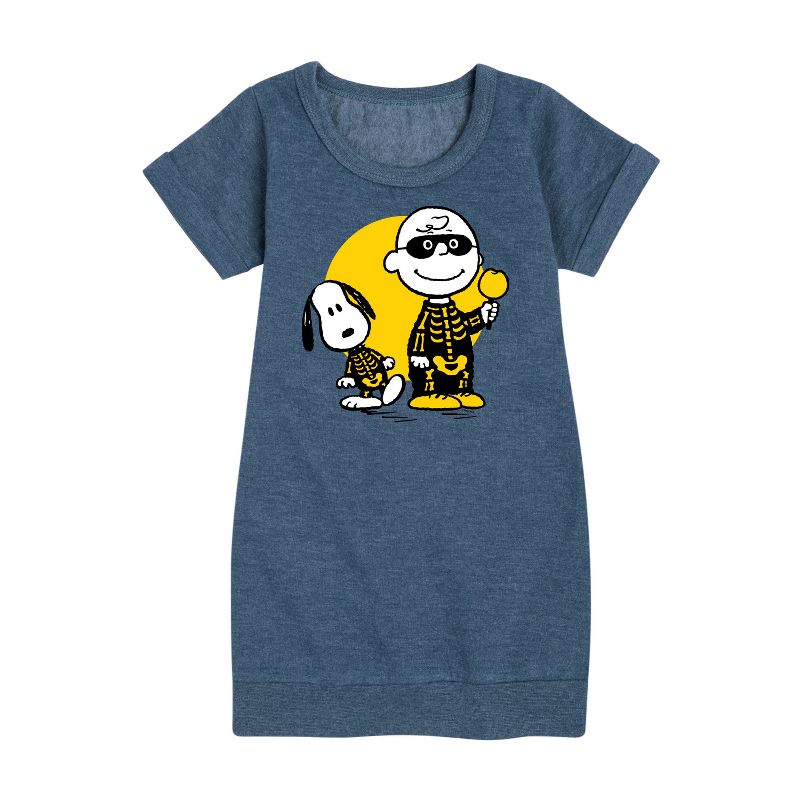 Girls' - Peanuts - Charlie And Snoopy Skeleton Graphic Short Sleeve Fleece Dress