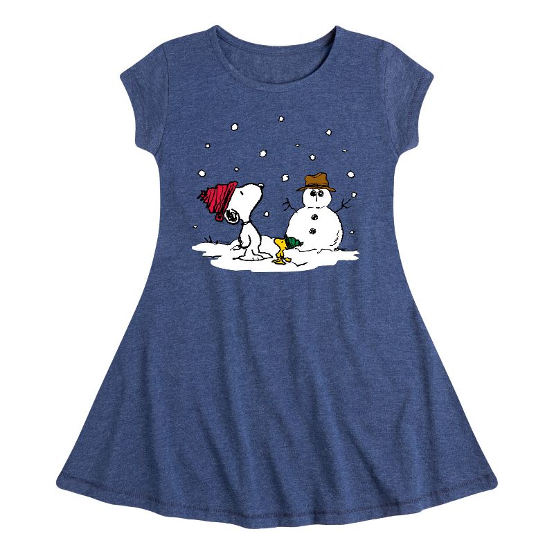 Girls' - Peanuts - Snoopy Woodstock Snowman Fit & Flair Cap Sleeve Dress