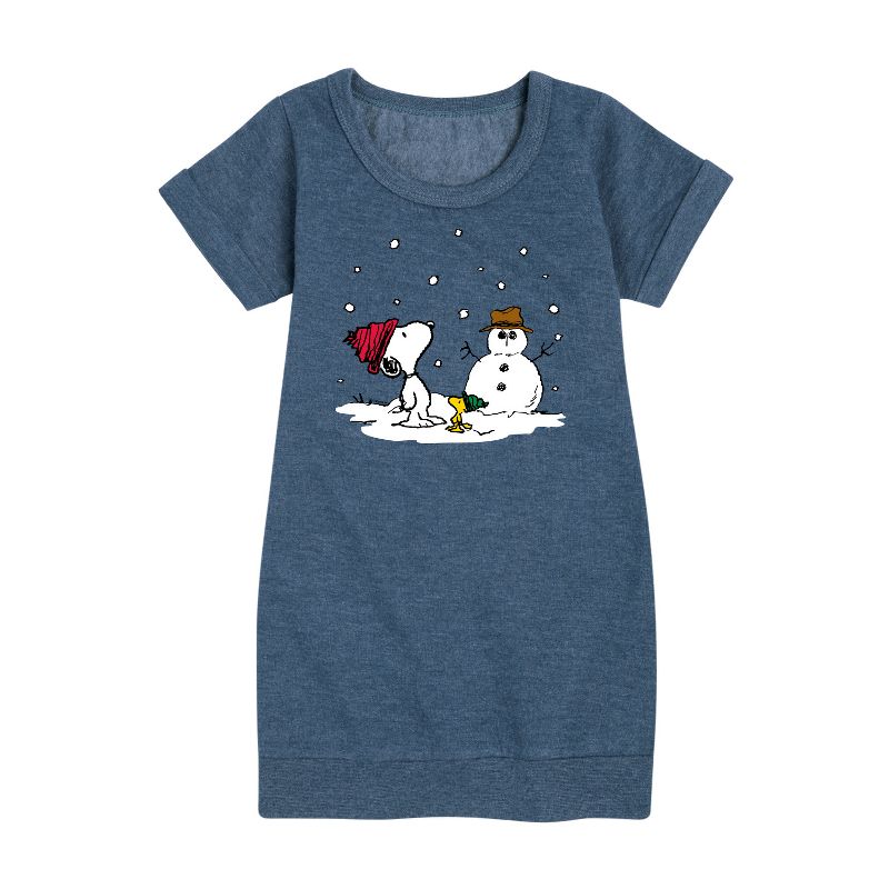 Girls' - Peanuts - Snoopy Woodstock Snowman Graphic Short Sleeve Fleece Dress