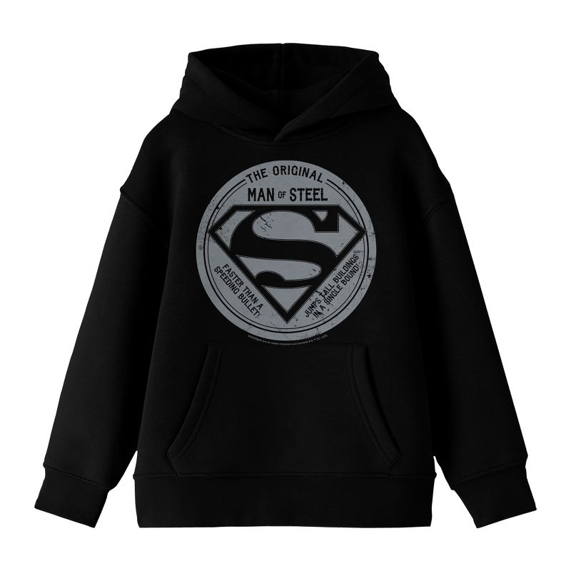 Superman The Original Man Of Steel Long Sleeve Youth Black Hooded Sweatshirt
