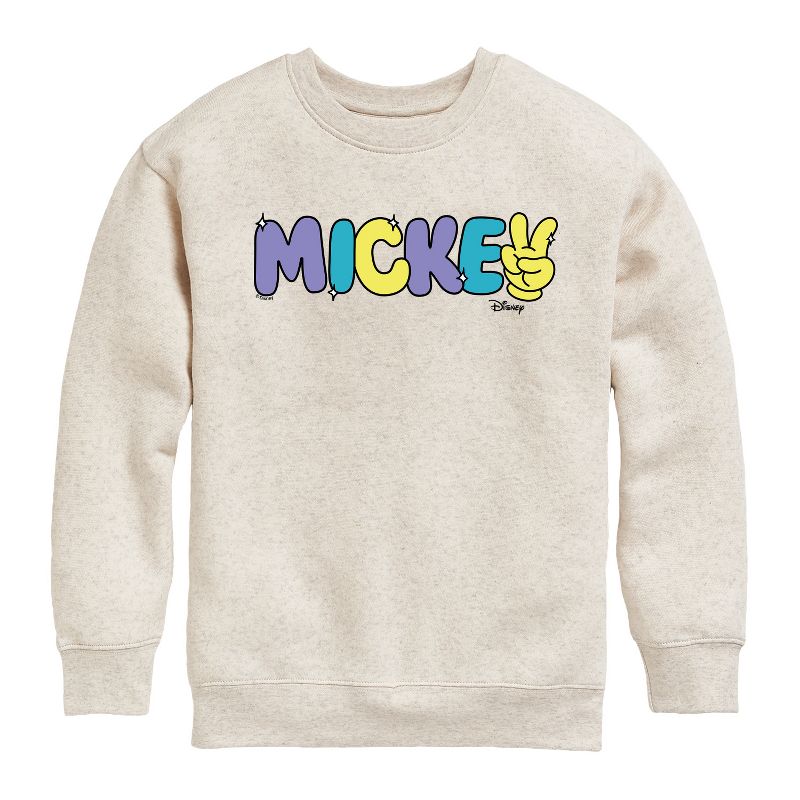 Boys' - Disney - Mickey Multicolor Hand Peace Sign Graphic Long Sleeve Fleece Sweatshirt