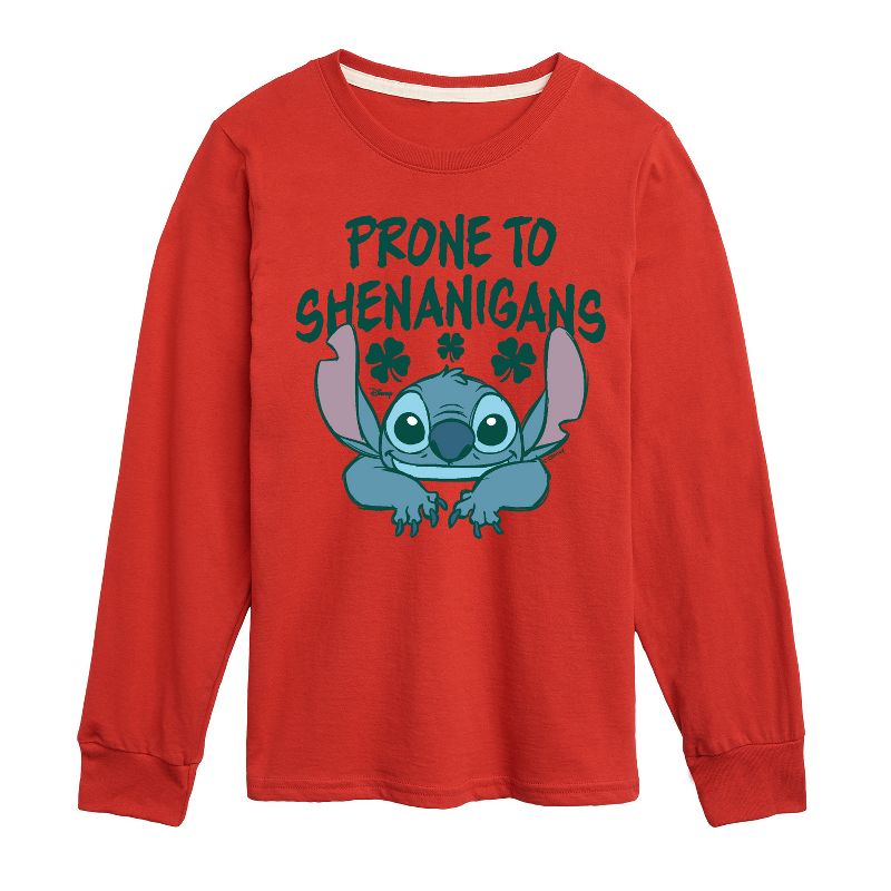 Boys' - Lilo and Stitch - St. Patrick's Day Prone To Shenanigans Long Sleeve Graphic T-Shirt
