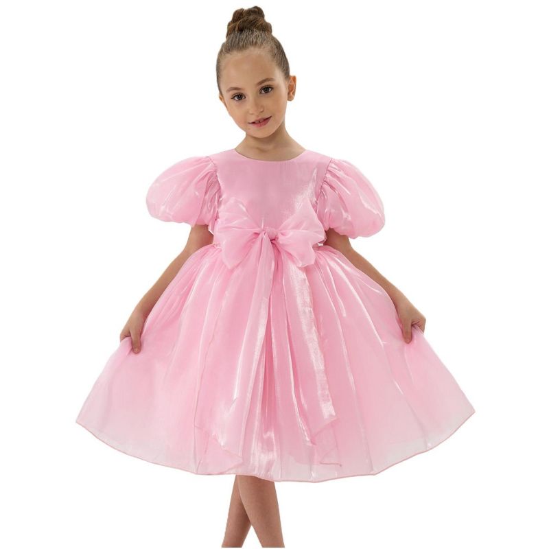 2Bunnies Girls' Puff Sleeve Organza Bow Party Dress