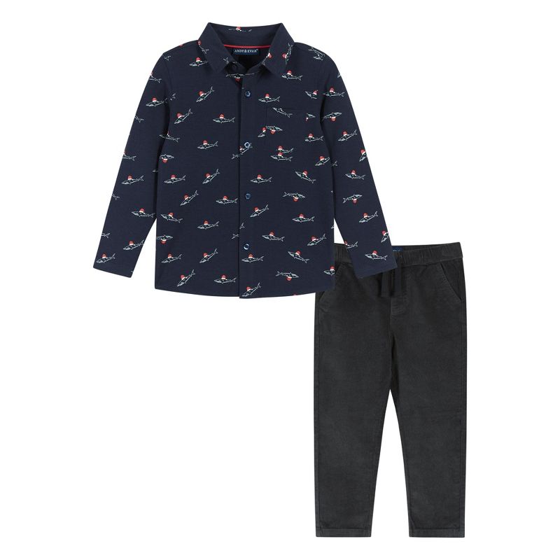 Andy & Evan Infant Boys Navy Holiday Sharks Knit Pique Buttondown Set