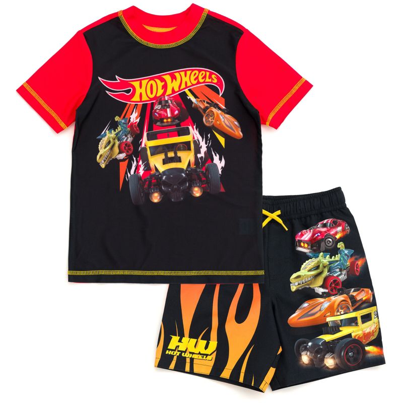 Hot Wheels UPF 50+ Pullover Rash Guard and Swim Trunks Outfit Set Toddler to Big Kid