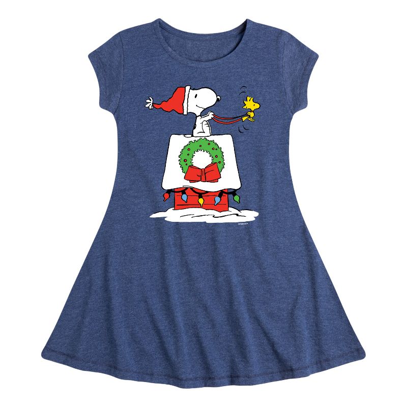 Girls' - Peanuts - Snoopy & Woodstock House Sleigh Fit & Flair Cap Sleeve Dress