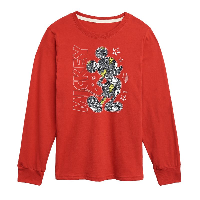 Boys' - Disney - Mickey Mouse Pattern Silhouette Long Sleeve Graphic T-Shirt