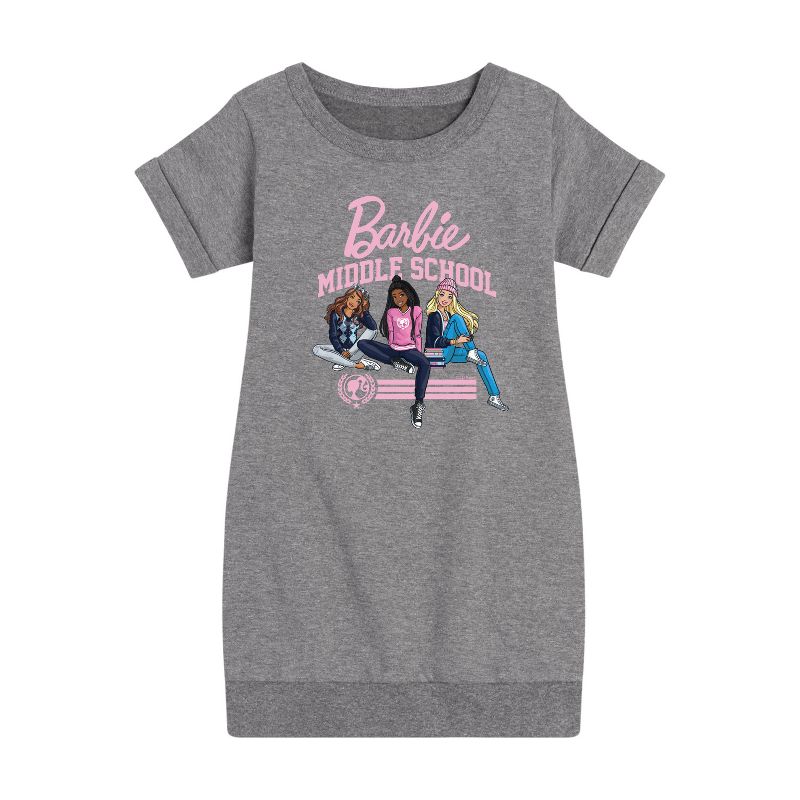 فستان صوف بأكمام قصيرة مطبوع عليه رسومات دمى المدرسة المتوسطة للبنات - باربي