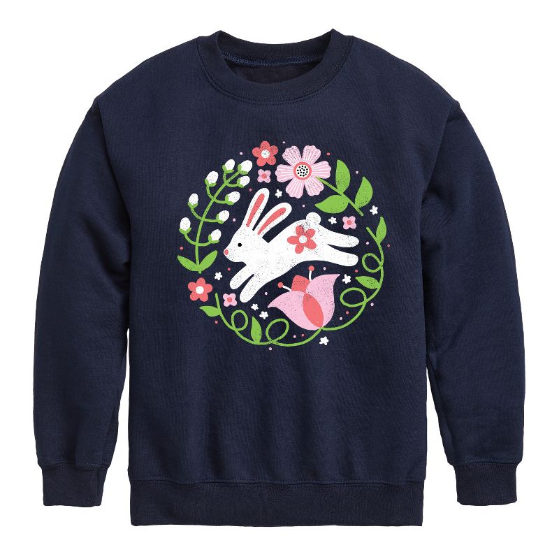 Boys' - Instant Message - Scandinavian Bunny With Flowers Graphic Long Sleeve Fleece Sweatshirt