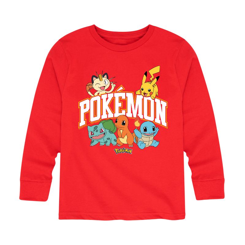 Boys' - Pokémon - Pikachu Charmander Bulbasaur Squirtle Meowth Athletic Logo Long Sleeve Graphic T-Shirt