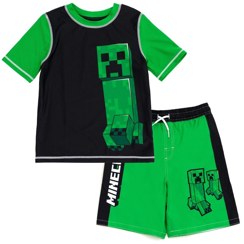 Minecraft Zombie Creeper Alex Steve Rash Guard and Swim Trunks Outfit Set Little Kid to Big Kid