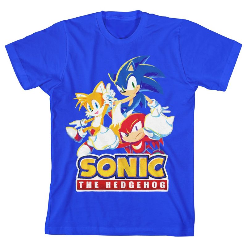 Sonic the Hedgehog Modern Characters With Logo Youth Boy's Royal Blue T-Shirt