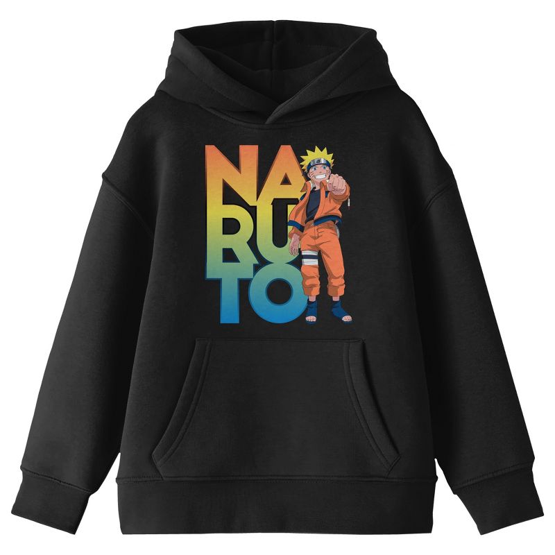 Naruto Classic Character Pointing With Ombre Text Youth Black Graphic Hoodie