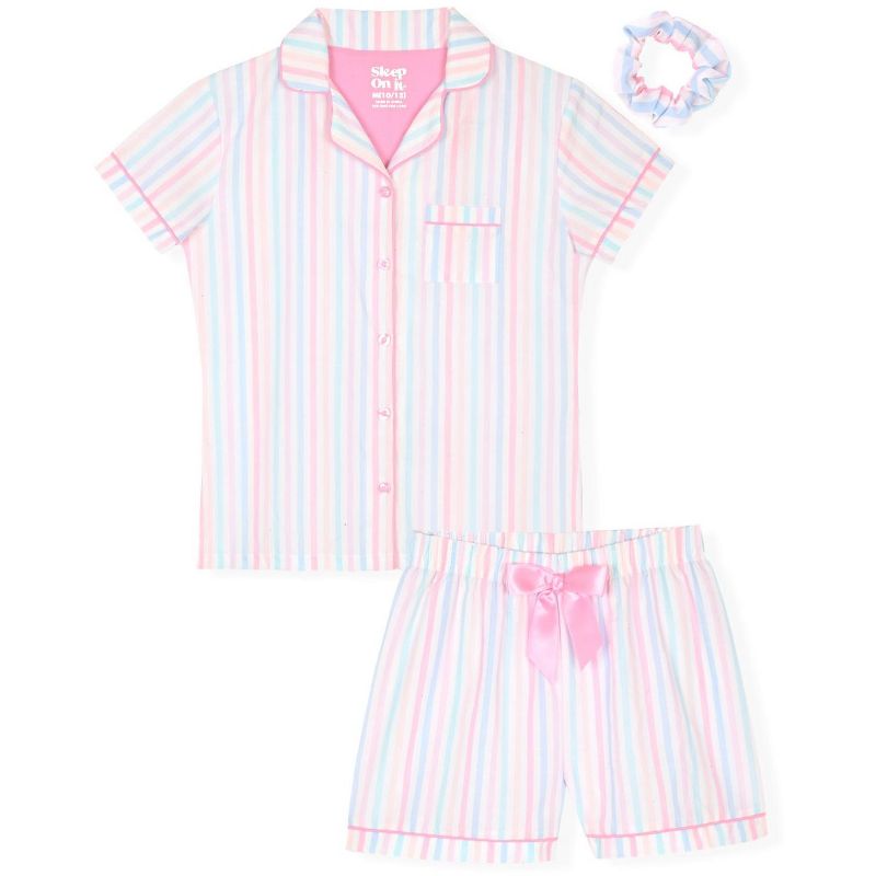 Sleep On It Girls 2-Piece Short-Sleeve Button Down Collared Coat Pajama Set with Matching Scrunchie - Toddler Pajamas to Girls Pajama Sets