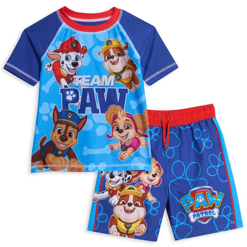 طقم ملابس للأطفال الصغار من Paw Patrol Rubble Marshall Chase، سترة واقية من الطفح الجلدي وسروال سباحة