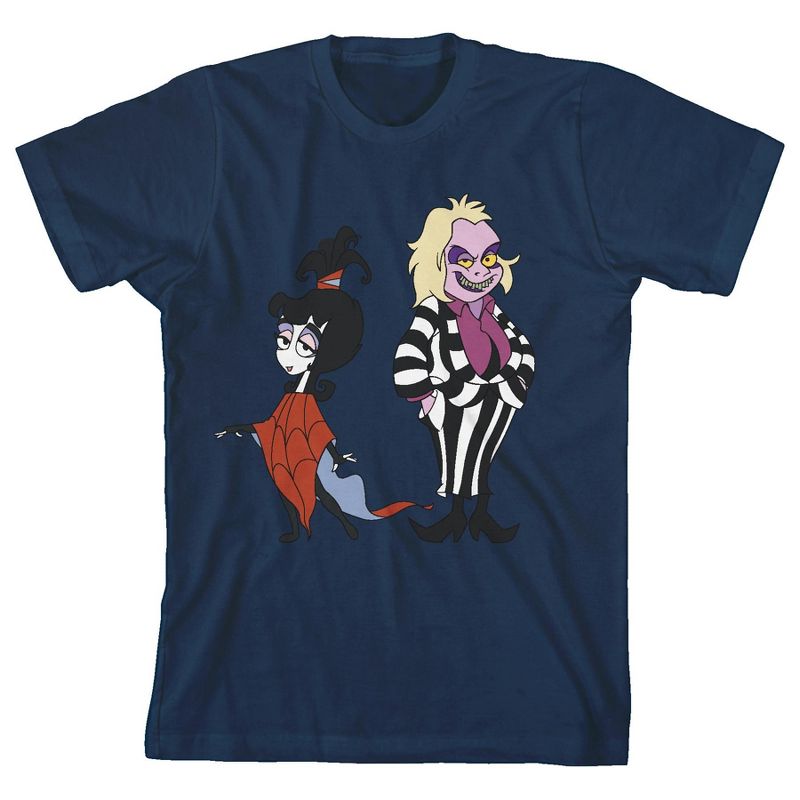 Beetlejuice Animated Series Lydia & Beetlejuice Crew Neck Short Sleeve Navy Blue Boy's T-shirt