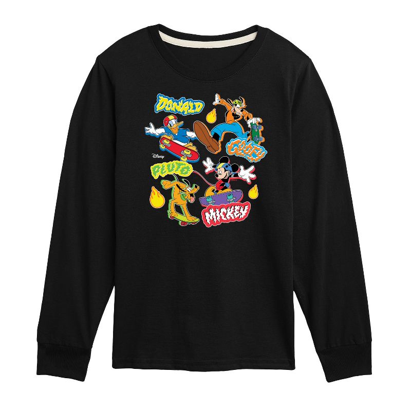 Boys' - Disney - Mickey Goofy Pluto Donald Skate Crew Long Sleeve Graphic T-Shirt