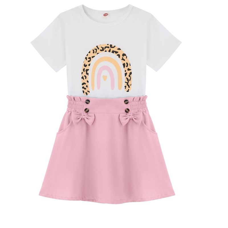 Girls 2pcs Cute Color Printed Short Sleeve Shirt and Elastic High Waist Bow A-line Skirt Sets