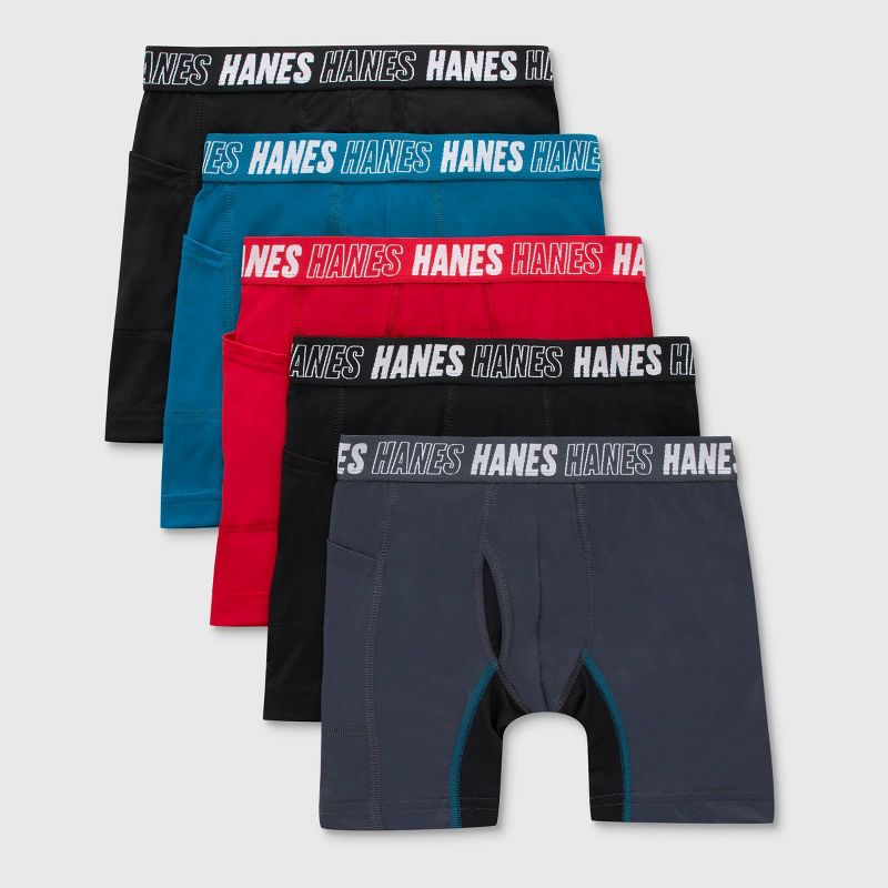 Hanes Moves Boys' 5pk Anti-Chafe Long Leg Boxer Briefs - Blue