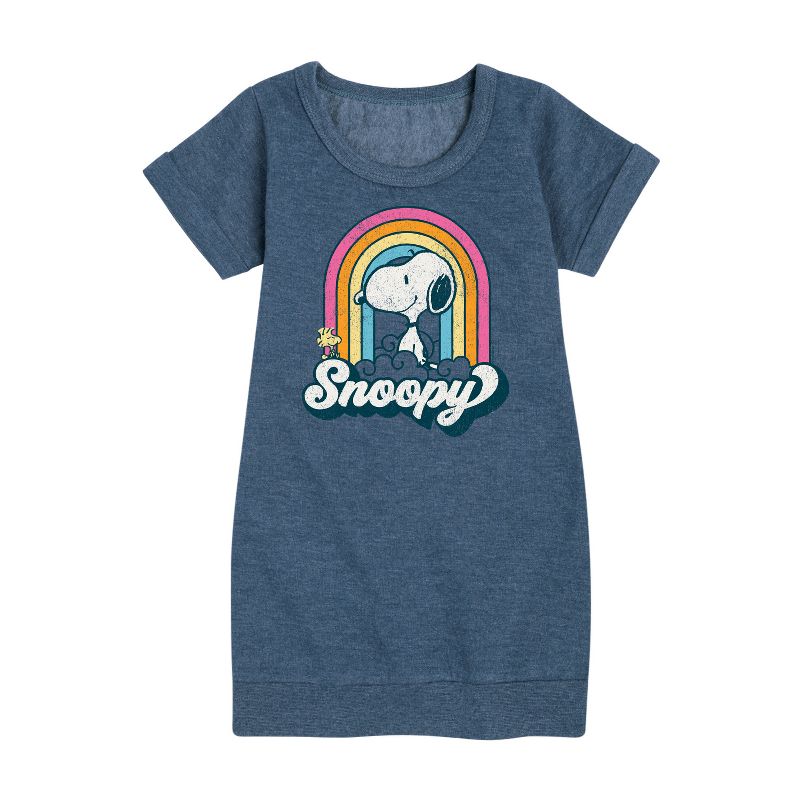 Girls' - Peanuts - Snoopy Rainbow Clouds Graphic Short Sleeve Fleece Dress