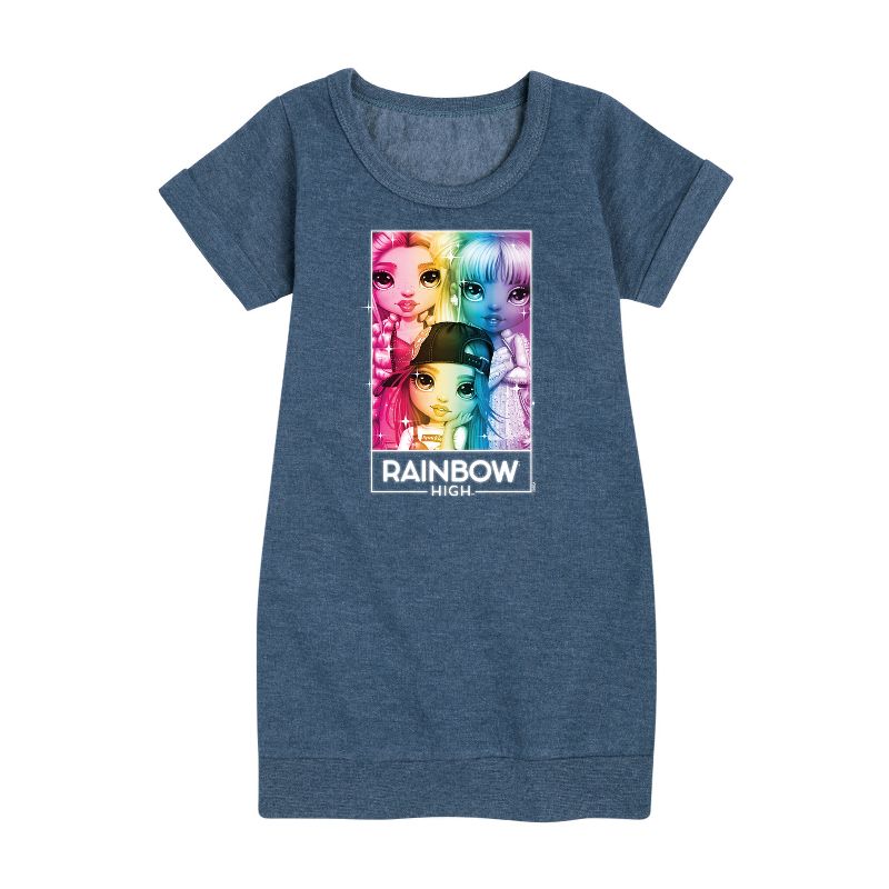 فستان صوف بأكمام قصيرة مطبوع عليه رسمة صندوقية لامعة بألوان قوس قزح للبنات - رينبو هاي