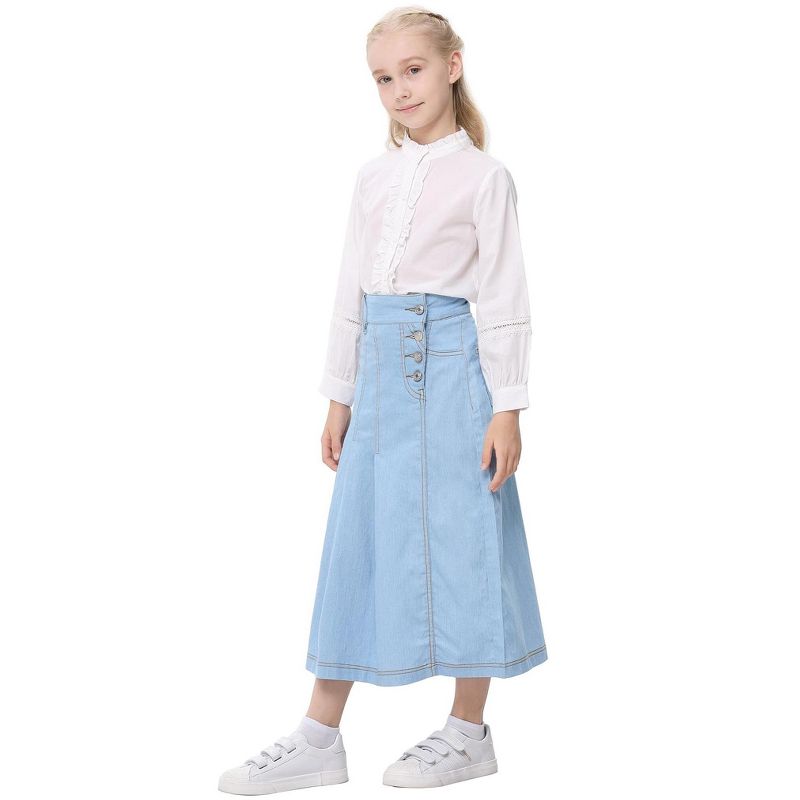 Girls Denim Skirts High Waist Pleated A-Line Skirts Midi Skirts Side Button Skirts Girls Bottoms