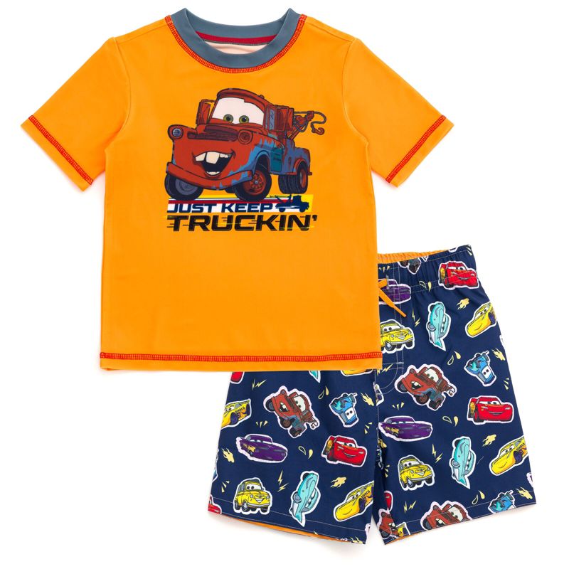 Disney Cars UPF 50+ Pullover Rash Guard and Swim Trunks Outfit Set Little Kid Sizes (2T - 7-8)