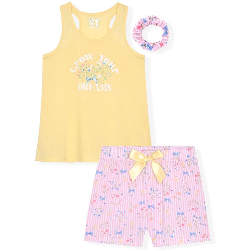Sleep On It Girls 2-Piece Sleeveless Tank-Top Jersey Pajama Shorts Set with Matching Hair Scrunchie