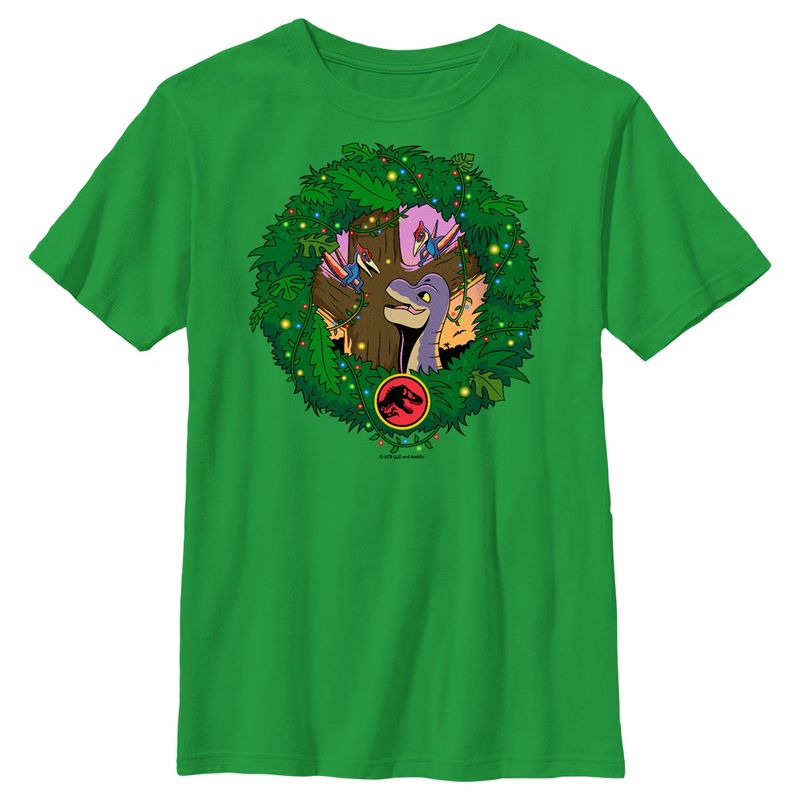 Boy's Jurassic World Dinosaur Christmas Wreath T-Shirt