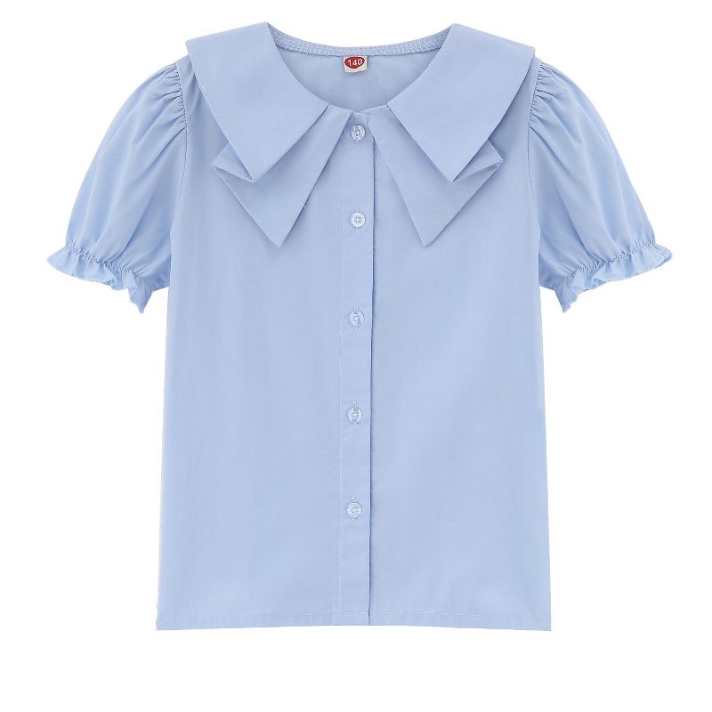 Girls Short Sleeve Peter Pan Blouse Puff Sleeve Button Down Shirt School Uniform Blouse 3-12 Years