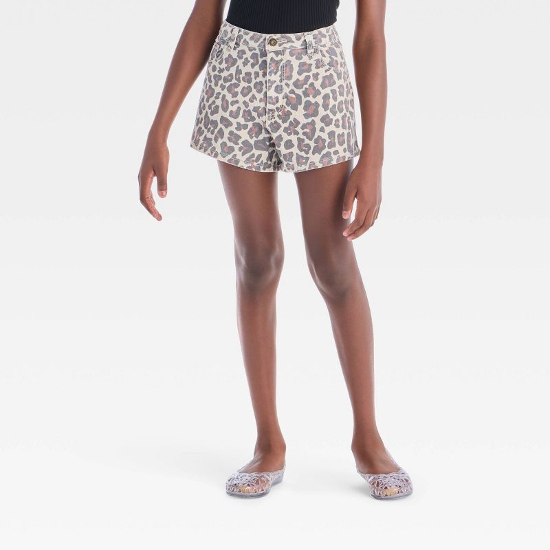 Girls' High-Rise A-Line Leopard Printed Washed Denim Shorts - art class™ Beige