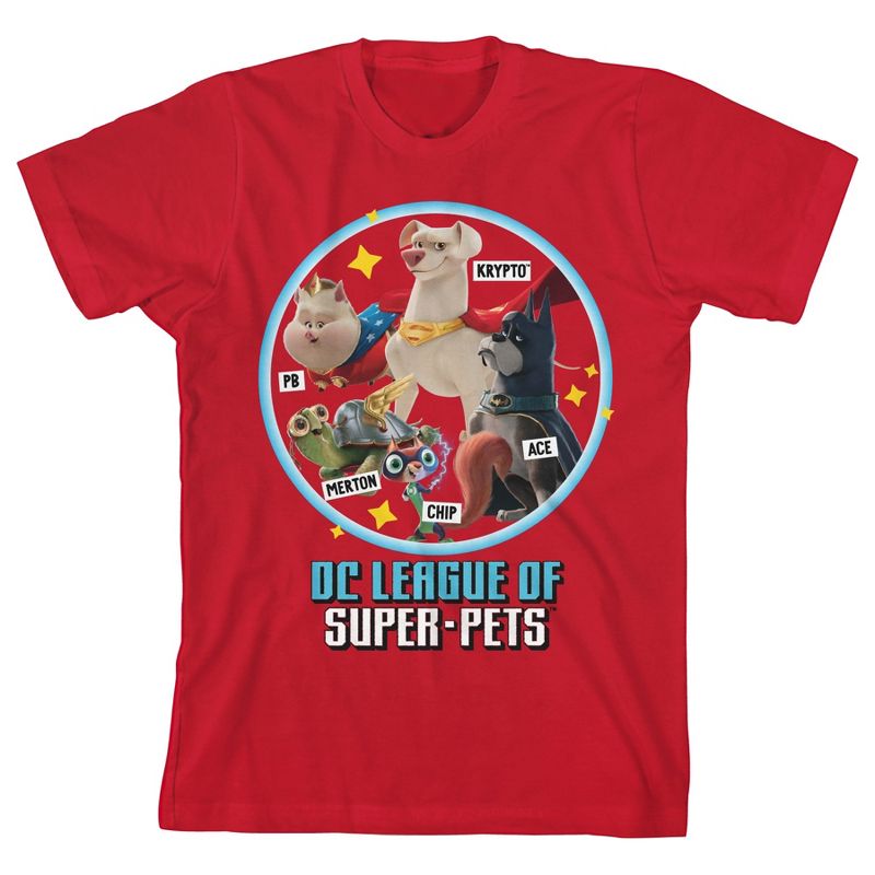 DC League of Super Pets Characters in Circle Youth Red Graphic Tee