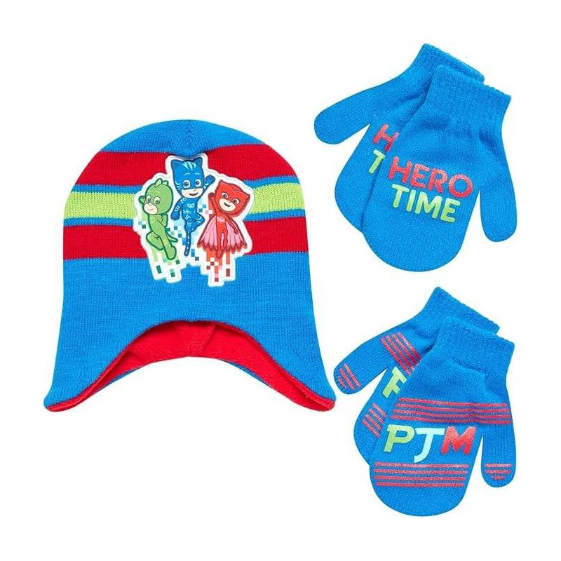 PJ Masks Boys Winter Beanie Hat and 2 Pair of Gloves or Mittens Set, Kids Ages 2-7