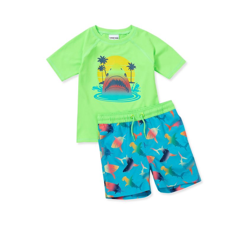Lands' End Kids Chlorine Resistant Short Sleeve UPF 50 Rash Guard Swim Trunk Set
