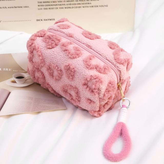 Buttermilk, Heart Chenille Fabric Makeup Bag