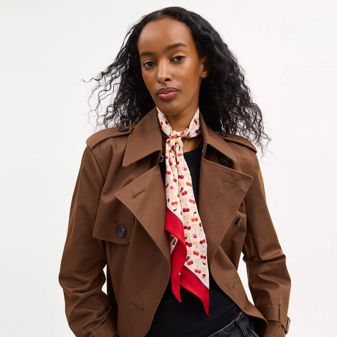 sculpted c cherries print silk wide skinny scarf