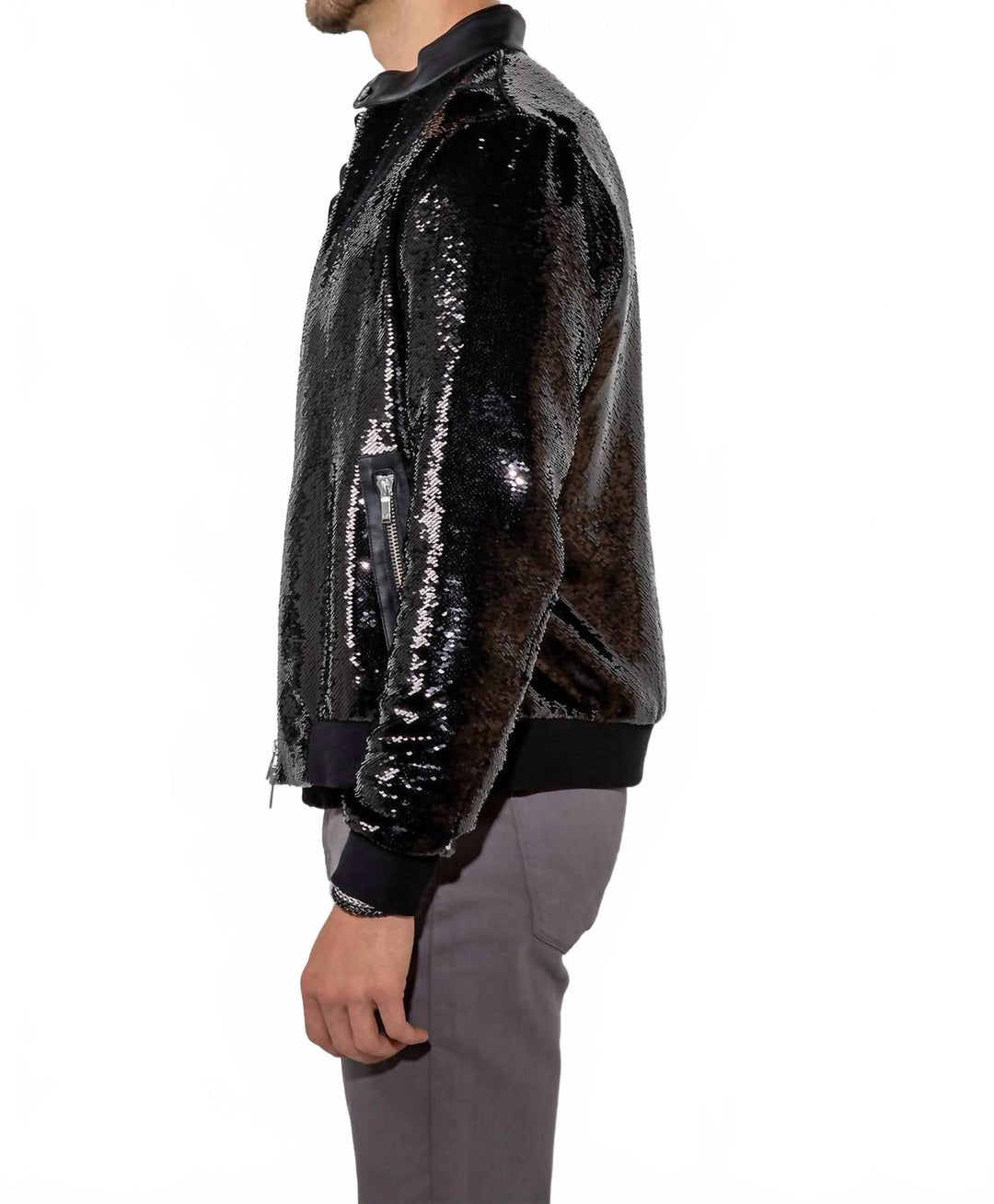 ryder long sleeve bomber jacket in sequin noir