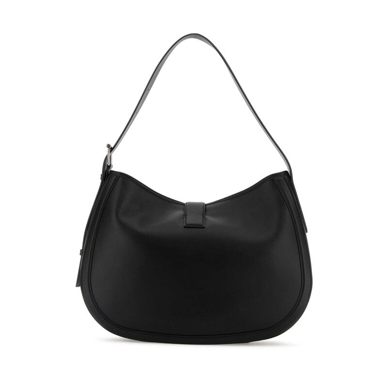 Black Shoulder Bag With Adjustable Shoulder Strap And T Buckle Closure On The Front In Leather