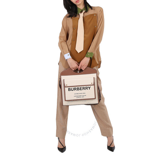 Burberry, Ladies Logo Printed Pocket Tote Bag - Beige