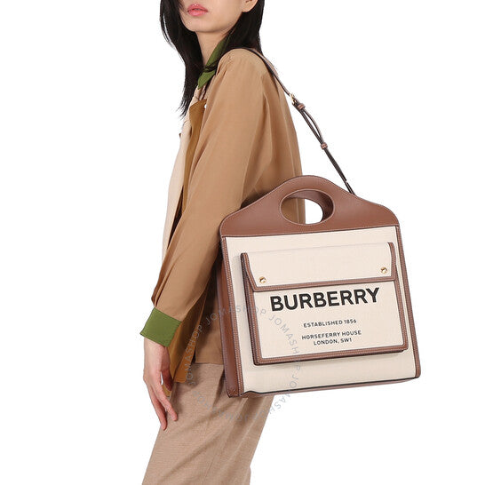 Burberry, Ladies Logo Printed Pocket Tote Bag - Beige