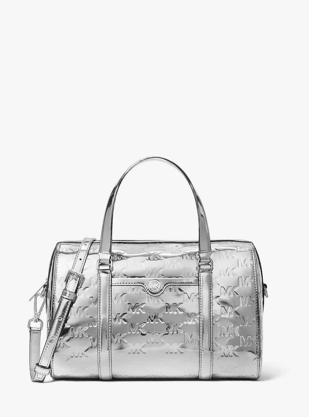 jet set medium patent logo debossed duffel crossbody bag