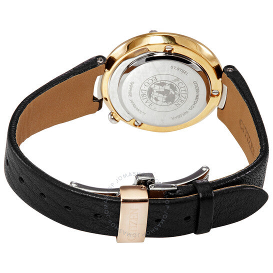 ساعة سيتيزن للسيدات، مينا بيضاء ماسية، جلد أسود