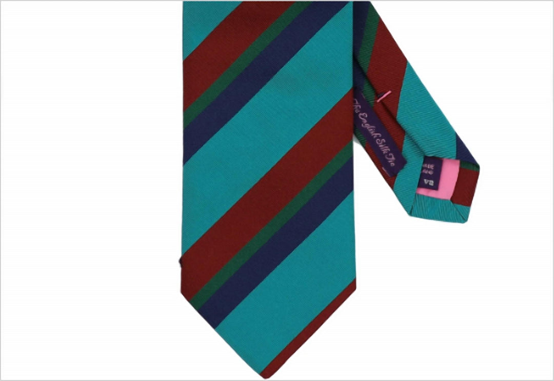 men's hoover repp stripe necktie in teal, burnt orange, green, & navy